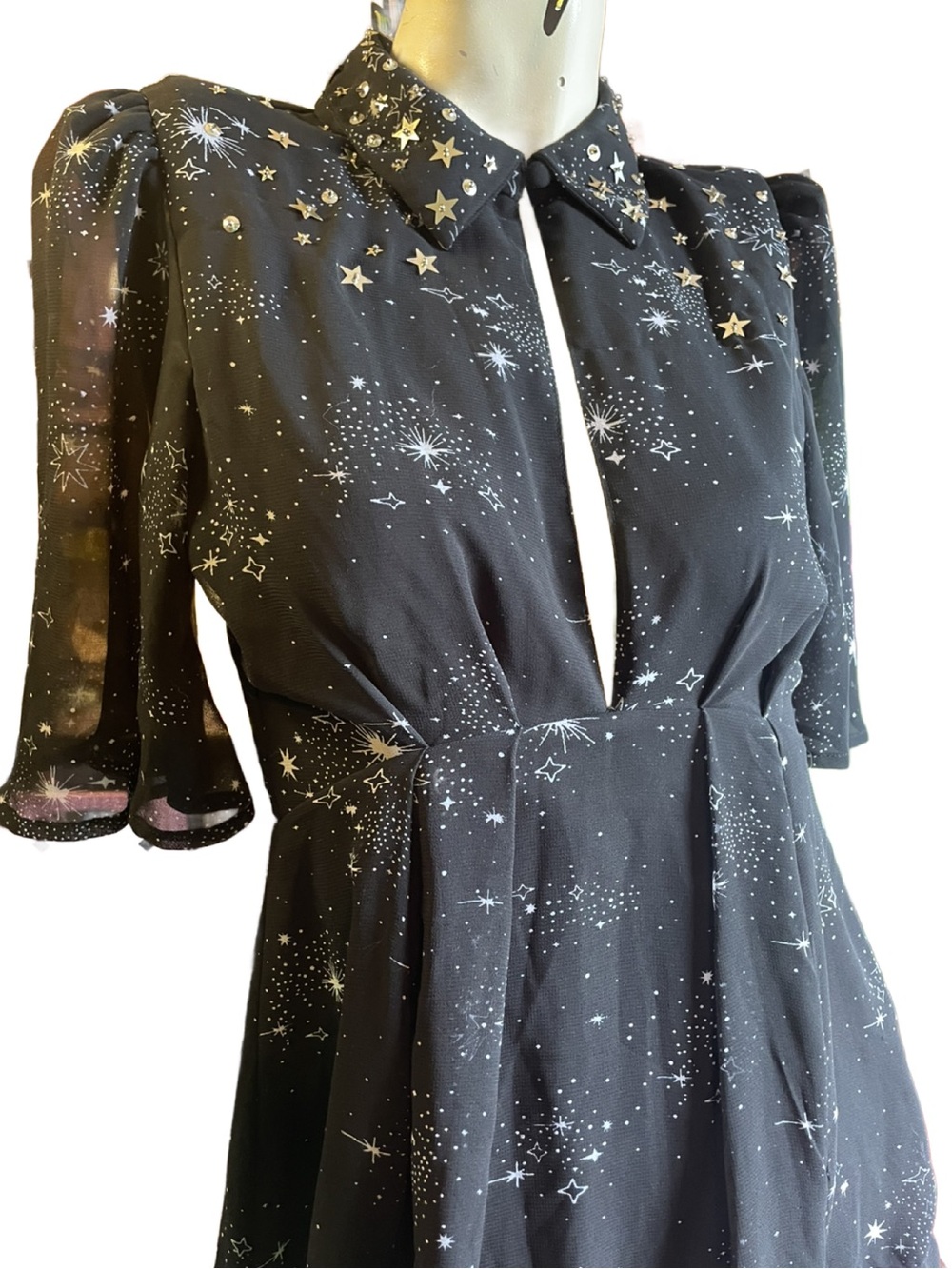 Topshop Black ✨ Celestial Star-Print bell Sleeve Fit & Flare Dress - Picture 6 of 11
